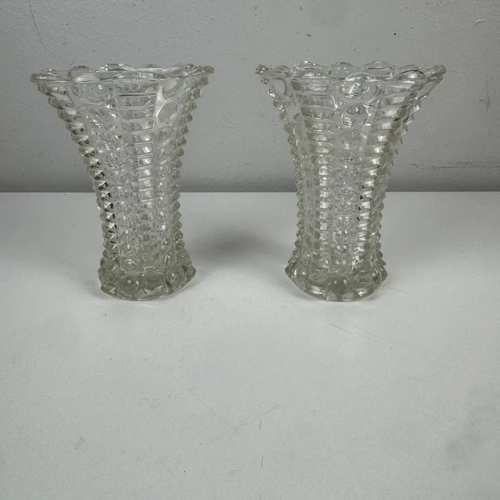 Vtg Clear Pressed Glass Bud Vases Pair Hobnail‎ Bullseye Ruffled Rim 4.5
